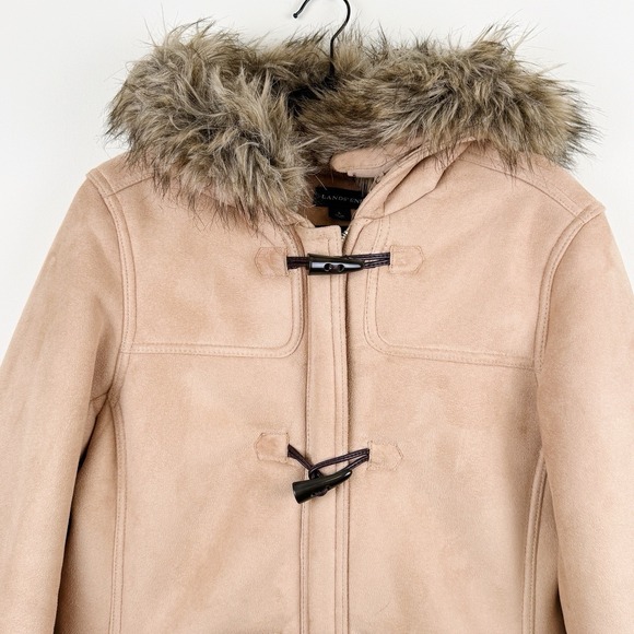 Lands' End Women's L 14-16 Faux Suede Toggle Coat Hooded Sherpa Lined Beige - Picture 2 of 10